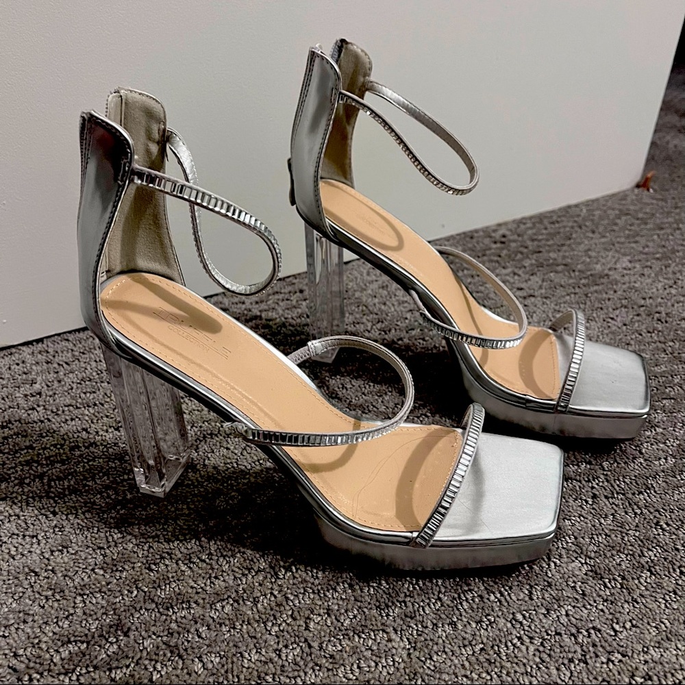Silver heels with crystal straps and clear heels